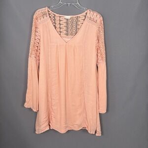 Altar'd State Tunic Womens M Pink Cotton Lace Top Bell Sleeve Boho Romantic